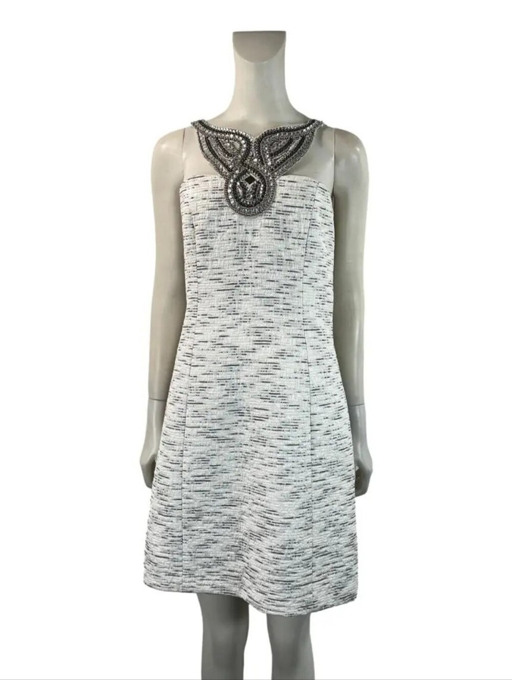 Laundry By Shelli Segal White & Grey Strapless Tweed Dress with Beaded Neckline